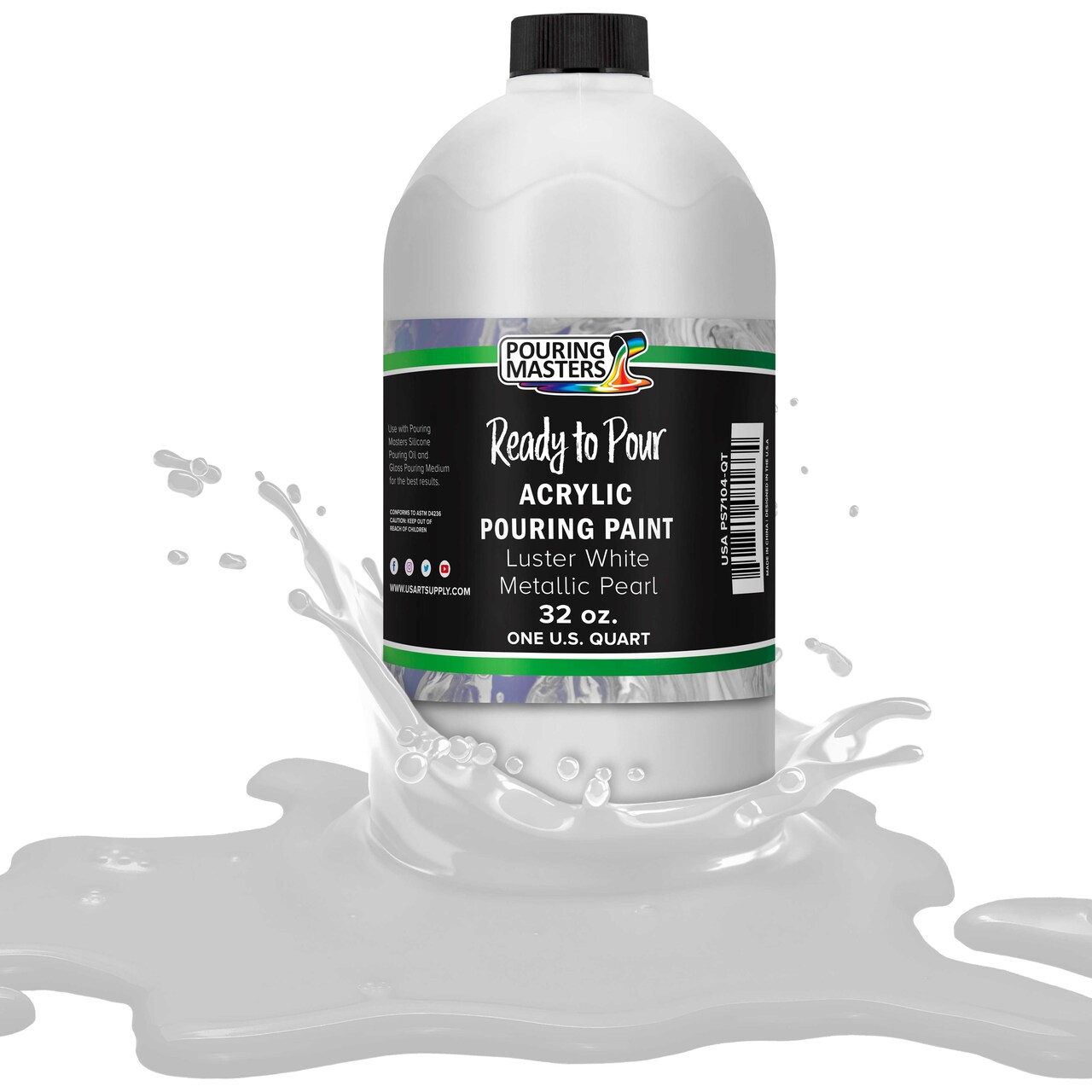 Pouring Masters Luster White Metallic Pearl Ready to Pour Acrylic Pouring Paint - Premium 32-Ounce Pre-Mixed Fluid Acrylic Paint - Fluid Art Supplies for Canvas, Wood, Paper, Tile & Rocks